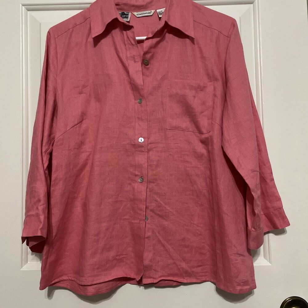 Richard Malcom Irish Linen Pink Blouse Button Front 3/4 Sleeve Sz M Back Slit